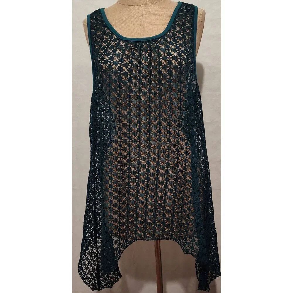 ARIA HAND MADE Teal lace sleeveless tunic shirt Swim Coverup Shark bite hem NWT